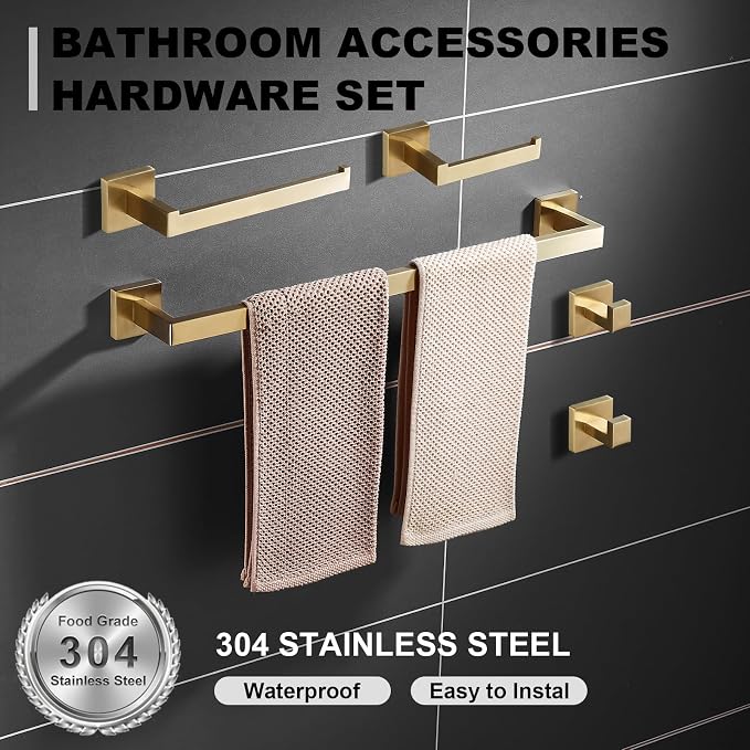 Bathroom Hardware Set 24-Inch Towel Bar,2pcs Towel Hook,Toilet Paper Holder,Hand Towel Holder Stainless Steel Brushed Gold Bathroom Accessories GTS3190BG | SUS304 Stainless Steel,finished by Brushed Gold