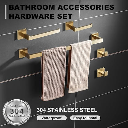 Bathroom Hardware Set 24-Inch Towel Bar,2pcs Towel Hook,Toilet Paper Holder,Hand Towel Holder Stainless Steel Brushed Gold Bathroom Accessories GTS3190BG | SUS304 Stainless Steel,finished by Brushed Gold