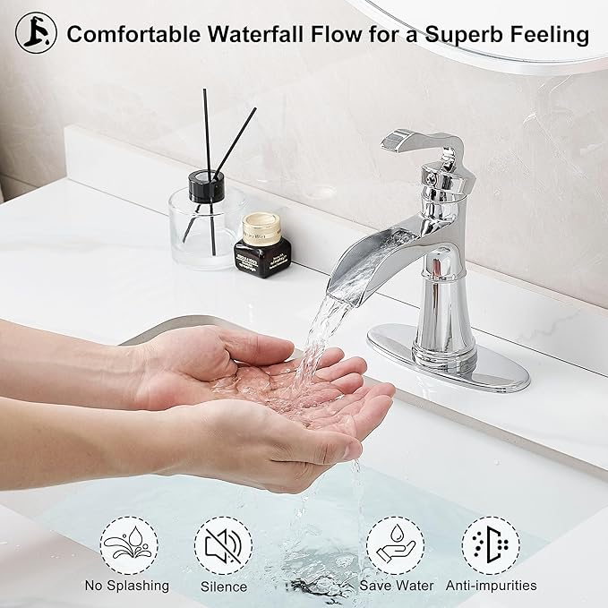 Brass Chrome Bathroom Faucet Single Handle, Bathroom Faucets One Hole, 4 Inch Waterfall Faucet for Bathroom Sink 3 Hole with Deck Plate, Pop-up Drain and Supply Hoses