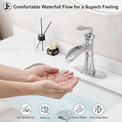 Brass Chrome Bathroom Faucet Single Handle, Bathroom Faucets One Hole, 4 Inch Waterfall Faucet for Bathroom Sink 3 Hole with Deck Plate, Pop-up Drain and Supply Hoses