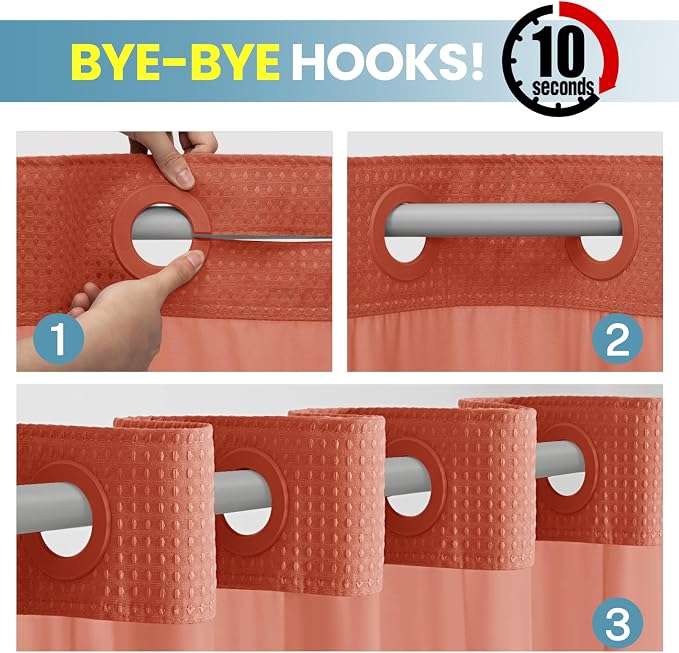 SORTTO No Hook Shower Curtain with Snap in Liner Set Waffle Shower Curtain for Bathroom Hotel Style Fabric Waterproof Inner Liner，71" W x 74" H, Coral