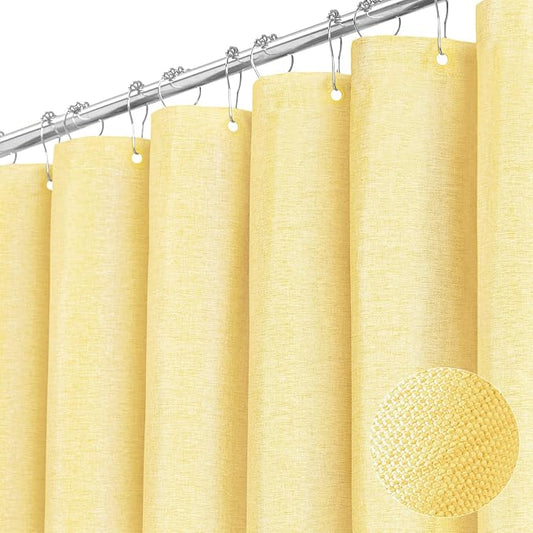 72x78 Linen Textured Waterproof Fabric Thick Shower Curtain, Yellow | Long Size, 230GSM Polyester, Heavy Duty Cloth, Weighted Hem, 12 Plastic Hooks, Modern Luxury Hotel Style, Machine Washable