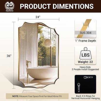 ANDY STAR Bathroom Vanity Mirror, 24x36 Irregular Wall Mirror, Gold Antique Mirror for Bathroom, Asymmetrical Mirror in Anti-Rust Stainless Steel Metal Frame, Wall Mount Horizontal or Vertical