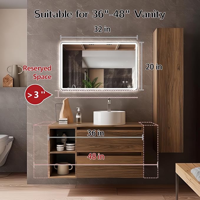 Niccy Rectangle LED Bathroom Mirrors, Vanity Mirror with Lights, 20"x32" | Frameless Lighted Mirror for Bedroom Living Room, 3 Colors & Stepless Dimmable Anti-Fog Memory Function, Horizontal/Vertical