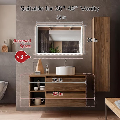 Niccy Rectangle LED Bathroom Mirrors, Vanity Mirror with Lights, 20"x32" | Frameless Lighted Mirror for Bedroom Living Room, 3 Colors & Stepless Dimmable Anti-Fog Memory Function, Horizontal/Vertical