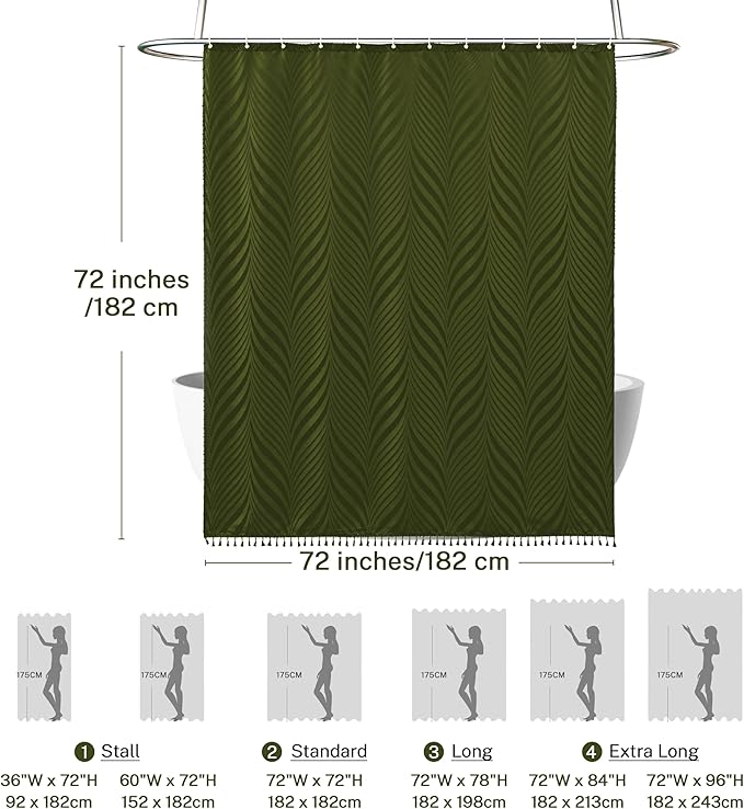 Olive Green Boho Shower Curtain Woven Fabric Cute Shower Curtain, 72 x 72 Tufted Leaves Textured Striped Modern Farmhouse Minimalist Cloth Shower Curtains for Bathroom