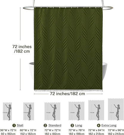 Olive Green Boho Shower Curtain Woven Fabric Cute Shower Curtain, 72 x 72 Tufted Leaves Textured Striped Modern Farmhouse Minimalist Cloth Shower Curtains for Bathroom