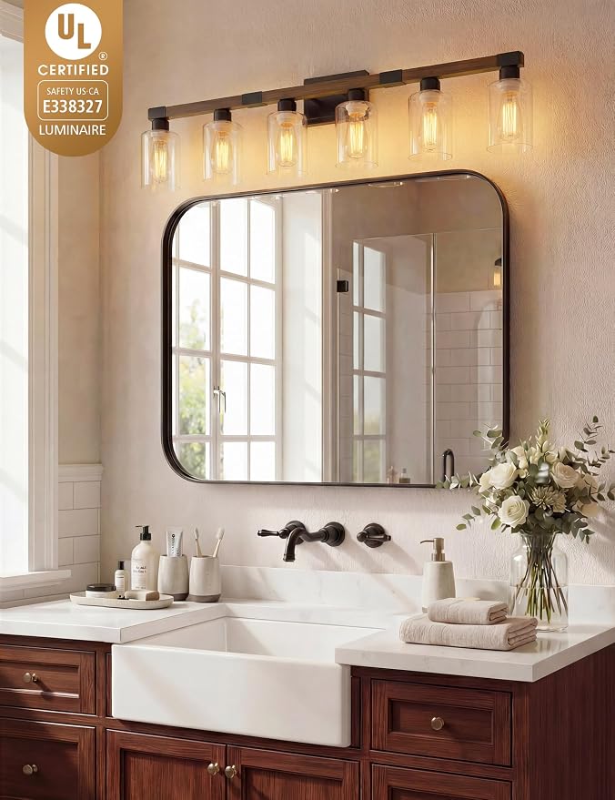 VOLISUN Farmhouse Bathroom Vanity Light Fixtures, 6 Light,UL Certificated | 6 Light Bathroom Vanity Lights Over Mirror, Rustic Vanity Light for Bathrooms,Wood Bathrooms Lights Fixtures Over Mirror