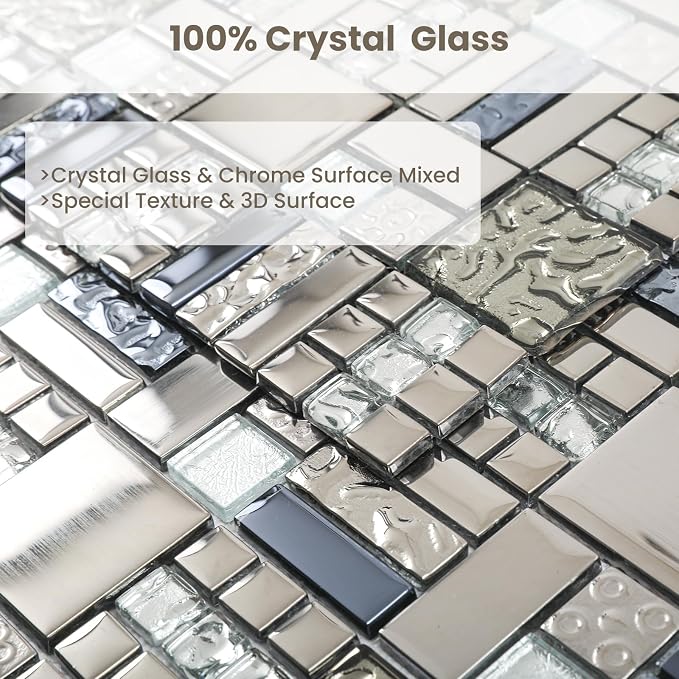 Glass Mosaic Tile Backsplash Grey and Silver 12 x 12 Inch 5 sq.ft. | Glass Tile for Kitchen Backsplash Bathroom Wall 5-Pack