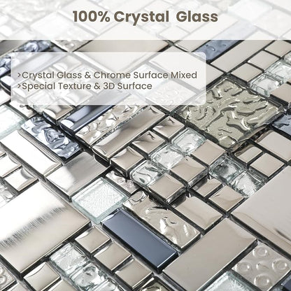 Glass Mosaic Tile Backsplash Grey and Silver 12 x 12 Inch 5 sq.ft. | Glass Tile for Kitchen Backsplash Bathroom Wall 5-Pack