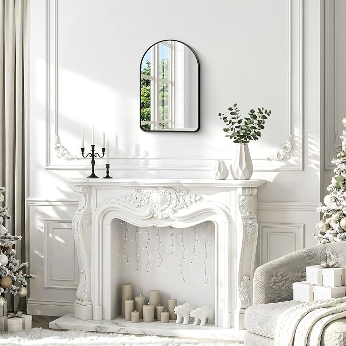 BONEWEI Arched Wall Mirror,18x24 inch Black Arched Mirror Bathroom,Vanity Mirror for Over Sink Metal Frame,Tempered Glass Arch Mirrors for Bedroom,Entryway,Living Room,Home Decor Shatter-Proof