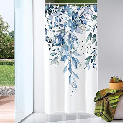 Blue Eucalyptus Shower Curtain, Watercolor Floral Print, 60x72 | Watercolor Plant Leaves Floral Print, Polyester Linen Blend Bathroom Decor, Machine Washable, Rustproof Grommets