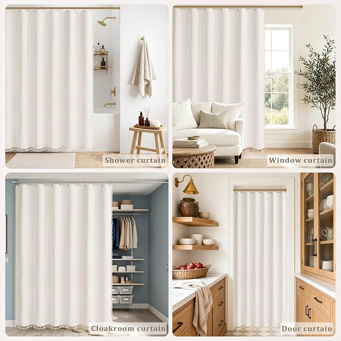 Cream Linen Shower Curtain with Tassels Water Repellent 72x96 Inch | Modern Elegant Bohemian Country Minimalist Style, Bathroom Decor Shower Curtains, Ivory Natural, Fabric Drapes, with Hooks