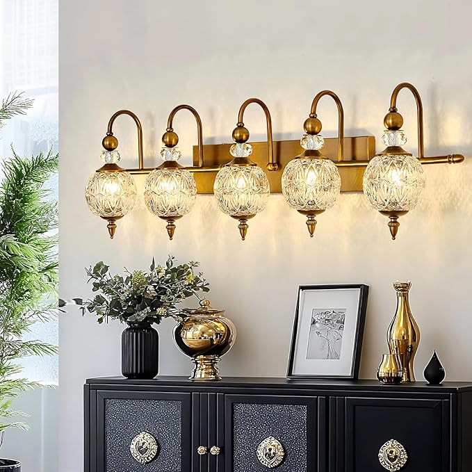 Vintage Bathroom Lights Fixtures Gold Vanity Light with Glass Globe LampShade 5 Light Brushed Brass G9 Bulb Wall Sconce Antique Indoor Vanity Light Over Mirror for Kitchen Bedroom Living Room