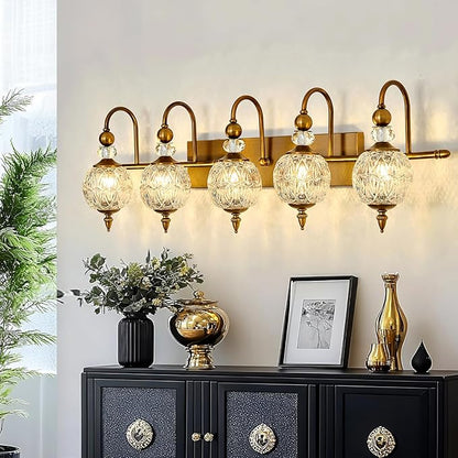 Vintage Bathroom Lights Fixtures Gold Vanity Light with Glass Globe LampShade 5 Light Brushed Brass G9 Bulb Wall Sconce Antique Indoor Vanity Light Over Mirror for Kitchen Bedroom Living Room