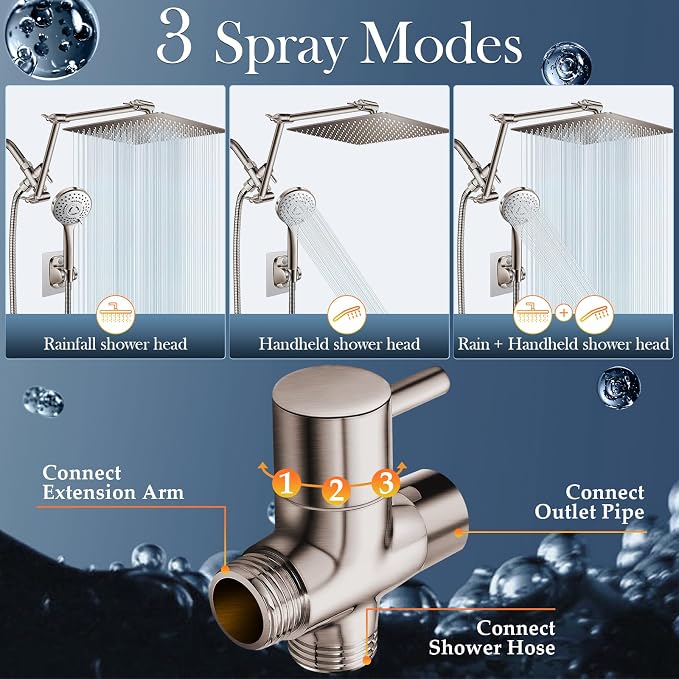 12'' Nickel Shower Head Combo with 16'' Flexible Height/Angle Extension Arm | High Pressure Rainfall Shower Head with 5 Setting Spray Hand held Shower Head, Stainless Steel and Anti-leak