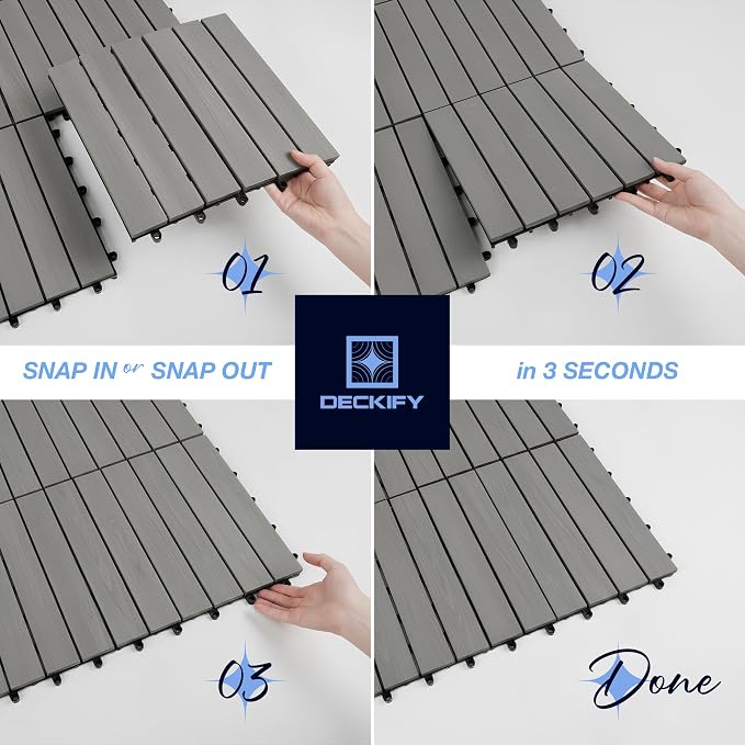 9-Piece Acacia Wood Interlocking Deck Tiles 12x12 in, Gray Striped | 6-Slat Wide Contact, Non-Slip Grip, 490 lb Capacity, Protective Oil-Rubbed Finish, Flat-Surface Install, Patio Ready