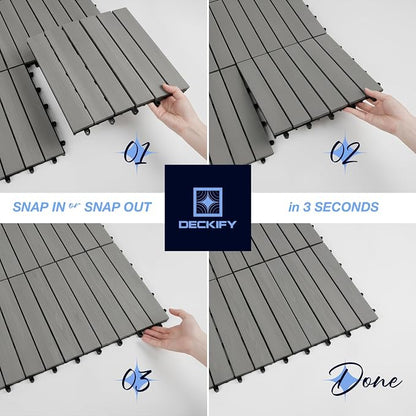 9-Piece Acacia Wood Interlocking Deck Tiles 12x12 in, Gray Striped | 6-Slat Wide Contact, Non-Slip Grip, 490 lb Capacity, Protective Oil-Rubbed Finish, Flat-Surface Install, Patio Ready