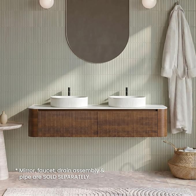 72" Preassembled Double Floating Bathroom Vanity with White Sink, Walnut | Mid-Century Modern Style, Fluted & Soft-Close Drawer with U-shaped Wall, Sinterted Stone Countertop, Towel Rack Included