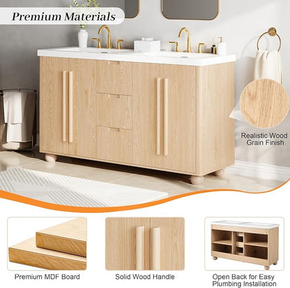 60 Inch Double Bathroom Vanity with Double Sinks, Soft Closing Doors and Drawers, Solid Wood Frame & MDF Modern Bathroom Sink Cabinet, Freestanding, Nature Wood