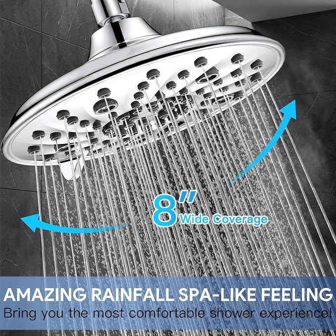FEELSO Shower Head with Handheld Spray, 8" High Pressure Rain Showerhead | 7+8 Modes Dual Shower Head Combo, Anti-Clog Nozzles, 71" Hose Extra Long, Adjustable Holder, Shower Separately or Together