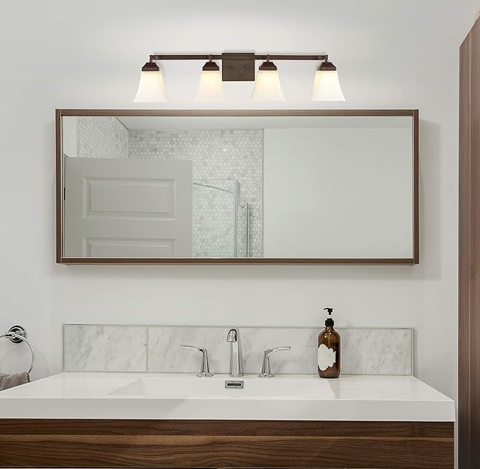 JONATHAN Y 33" Oil Rubbed Bronze Modern Cottage LED Vanity Light Wall Sconce, Farmhouse Wall Lamp for Bathroom Mirror Kitchen, White Glass Shade, LED Bulb Included (JYL7525A)