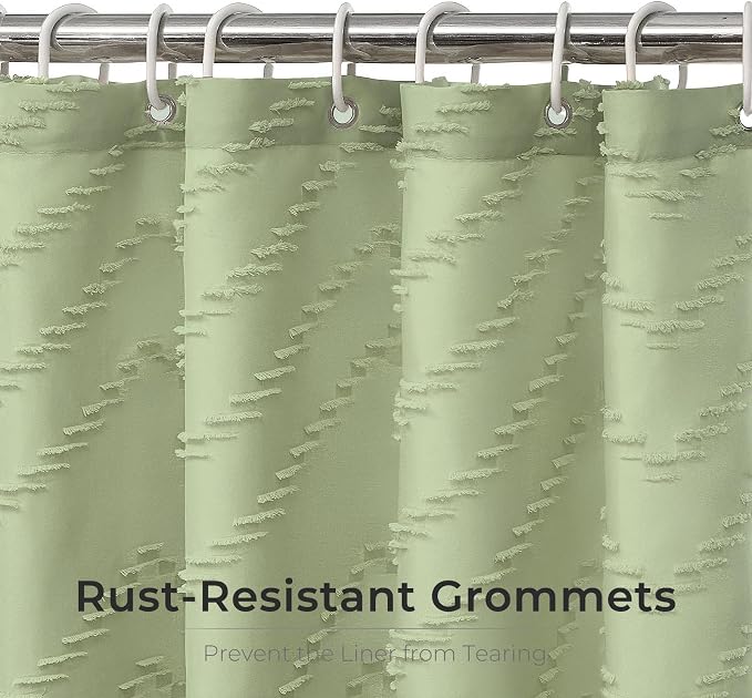 Green Boho Woven Fabric Tufted Chervon Textured Modern Minimalist Neutral Striped Waterproof Shower Curtain 72 x 72 Inches