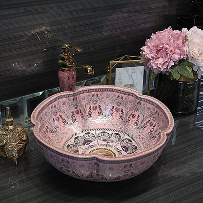 Bathroom Vessel Sinks Europe Style Pink Lucky Flower Ceramic Above Counter Sink for Vanity Top