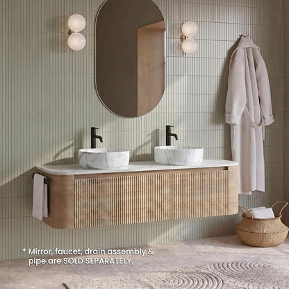 60" Preassembled Double Floating Bathroom Vanity with Carrara Sink, Oak | IMPORTANT: Before first use, please remove the protective foam insert beneath the drawer to ensure smooth, proper operation.