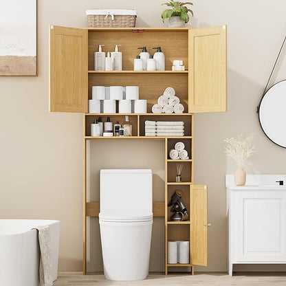 Homhedy Wooden Over The Toilet Storage Cabinet, Natural | Bathroom Organizer with Rattan Decorated Doors, Adjustable Shelves, Toilet Paper Holder, for Small Spaces