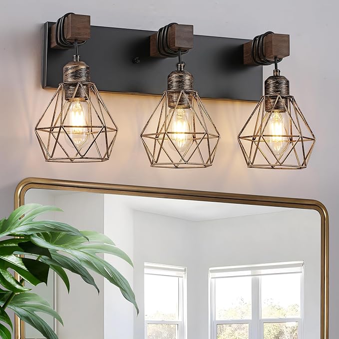 maesta Bathroom Vanity Light, 3 Light Farmhouse Fixture Over Mirror | Farmhouse Bathroom Light Fixtures, Wood & Metal, Black Gold, Anti-Rust Easy to Install for Rustic Bathroom Hallway