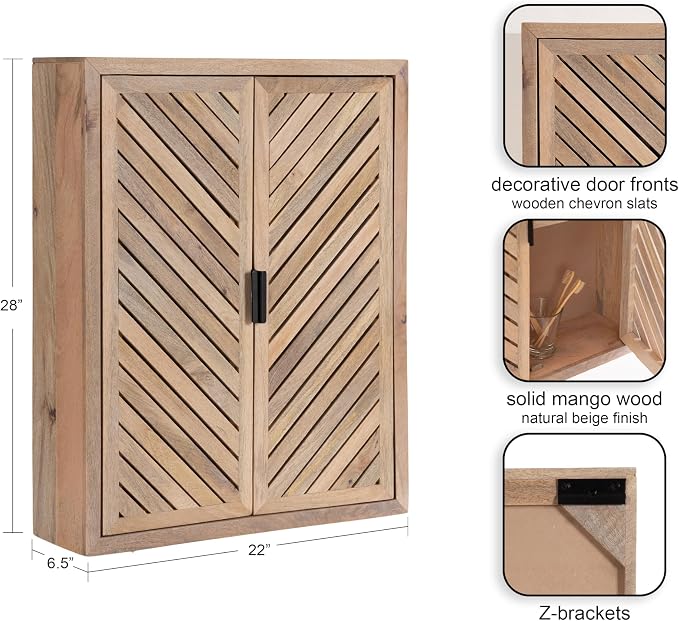 Kate and Laurel Mezzeta Decorative Modern Two-Door Floating Bathroom Cabinet; 22 x 7 x 28; Natural Wood; Decorative Solid Mango Wood Over the Toilet Storage Cabinet with Slatted Chevron Design
