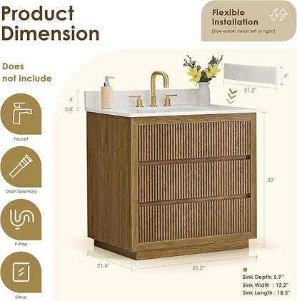 ALTAIR 36 Bathroom Vanity with Sink Mordern Freestanding Single Vanities Brown Large Storge Cabinet with Backsplash Sidesplash Ceramic Countertop Pre-Assembled Bath Fixtures