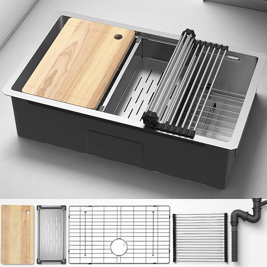 YITAHOME 32x19inch Undermount Kitchen Sink Workstation, 304 Stainless Steel Single Bowl Drop in Sink with Accessories, Honeycomb Surface Design Scratches Resistant