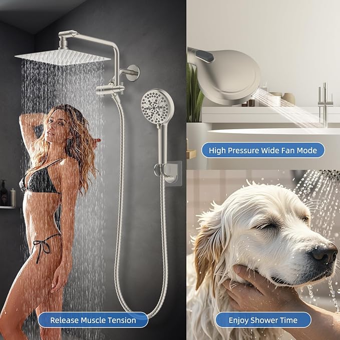 10" Metal Rainfall Shower Head with 10-Mode Handheld, Brushed Nickel | NSF/ANSI/CAN 372 Certified, High Pressure Showerhead Combo with 11" Adjustable Shower Arm, 71" Hose, Shower Head Holder