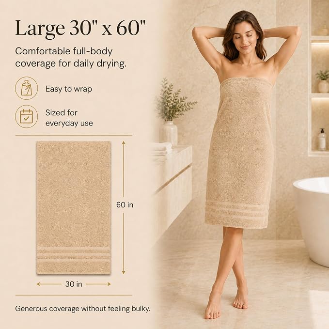 Velqora Bath Towels, 4 Pack, 30x60 in, 100% Cotton, Soft & Absorbent, Beige | Balanced Weight | Everyday Comfort | Easy Care