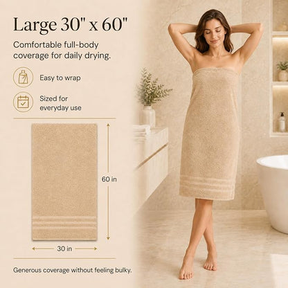 Velqora Bath Towels, 4 Pack, 30x60 in, 100% Cotton, Soft & Absorbent, Beige | Balanced Weight | Everyday Comfort | Easy Care