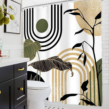 Glawry Green Gold Abstract Mid Century Shower Curtain Boho Retro Tropical Palm Sun Arch Minimalist Bathroom Modern Aesthetic Geometric 60Wx72L Inches Bath Accessories Home Decor Fabric 12 Pack Hooks