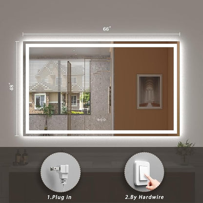 66x48 LED Lighted Bathroom Mirror for Vanity Wall | Front Light and Backlit, Anti-Fog, Memory, 3 Color, Tempered Glass, Dimmable, Rectangular, UL, Horizontal/ Vertical Mounted