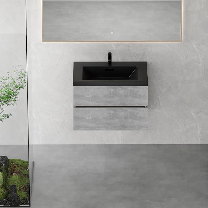 30" Floating Bathroom Vanity with Sink, Modern Wall-Mounted Bathroom Storage Vanity Cabinet with Two Black Quartz Sand Top Basins and Four Soft Close Drawers, Cement Grey