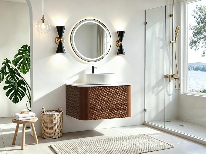 24 Inch Modern Bathroom Vanity with Ceramic Sink, Floating Bathroom Vanity Cabinet with Sintered Stone Top&Solid Wood Hammered Frame, Single Sink Bathroom Vanities w/Soft-Close Drawers,Walnut
