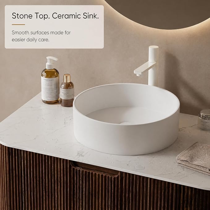 36 Inch Bathroom Vanity with Sink, Floating Wall Mounted Single Sink Vanity, Dark Walnut Curved Fluted Front, Stone Top, Pure White Round Vessel Basin, Pre-Assembled