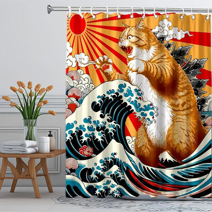 Funny Japanese Cat Shower Curtain, Vintage Orange Cat Japan Anime Ocean Wave Waterproof Shower Curtain with Hooks, Funky Animal Sun Fabric Shower Curtains Kids Bathroom Decor 72X72inches