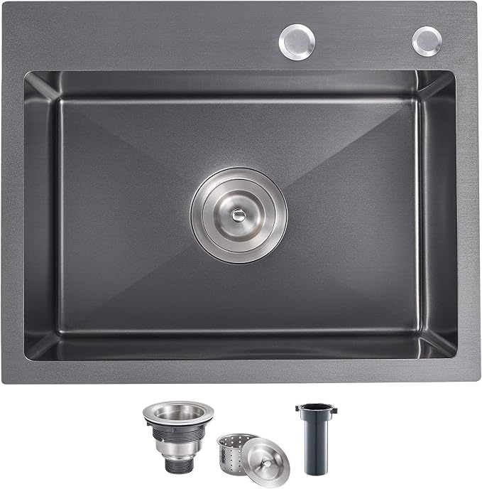 20"x16" Drop-In Single Bowl Kitchen Sink Black Steel 9" Deep | 20 inch Black drop-in sink | 304 Stainless Steel Handmade | Topmount/Overmount | Strainer included | Small Kitchen/Prep