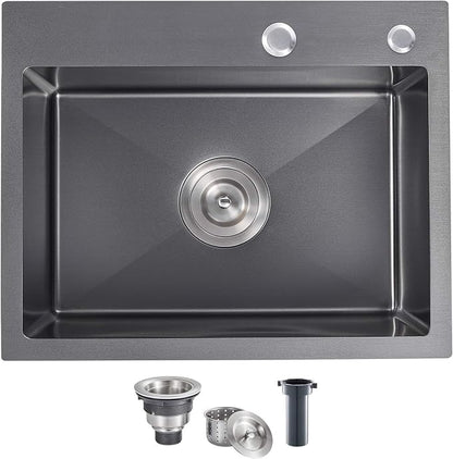 20"x16" Drop-In Single Bowl Kitchen Sink Black Steel 9" Deep | 20 inch Black drop-in sink | 304 Stainless Steel Handmade | Topmount/Overmount | Strainer included | Small Kitchen/Prep