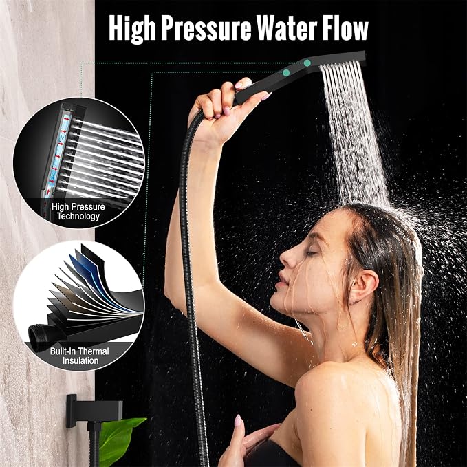 Waist Massage Spray Shower System with 6 Body Jets and Tub Spout, 16'' Full Body Bathtub Shower System with Shower Jet, Wall Mounted Rain Shower and Handheld Shower Faucet Set Complete, Matte Black