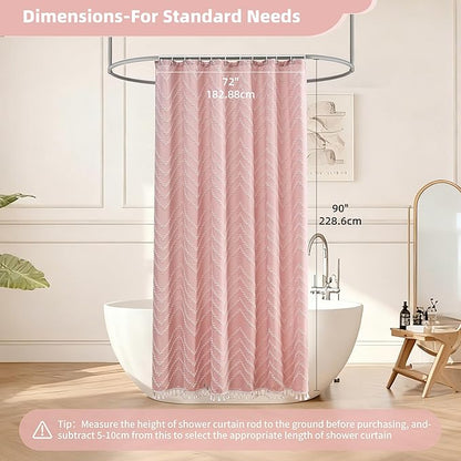 Extra Long Pink Shower Curtain with Tassel, Woven Fabric 90 in, Tufted Chevron Striped, 72 x 90, Modern Chic Textured Minimalist Bathroom