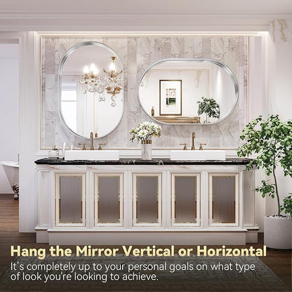 Brightify Silver Oval Mirror for Bathroom 30x42 Inch, Matte Silver Vanity Mirrors Metal Frame, Wall Mounted Mirror for Bedroom Dress Room Wall Decorative Hang Vertical and Horizontal