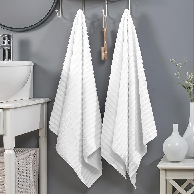 Elegant Comfort 100% Turkish Cotton Corduroy Ribbed Luxury Soft 2 Pack Bath Towels 27 x 54 Inch - Ultra Plush, Absorbent, Quick Dry, Hotel Spa Quality Towels for Bathroom Essentials, White