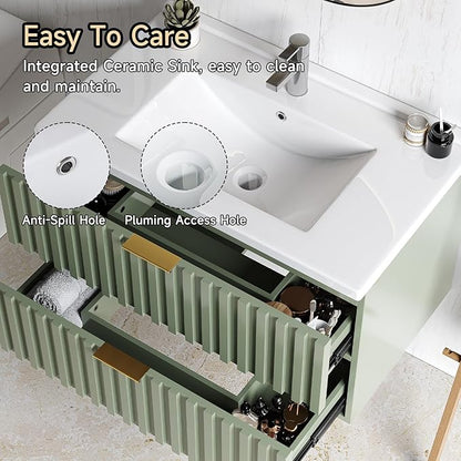 ONBRILL 30 Inch Bathroom Vanity with Sink Combo, Floating Bathroom Vanity with 2 Fluted Drawers & Metal Handle, Modern Wall Mount Storage Cabinet with Ceramic Integrated Sink for Small Space (Green)